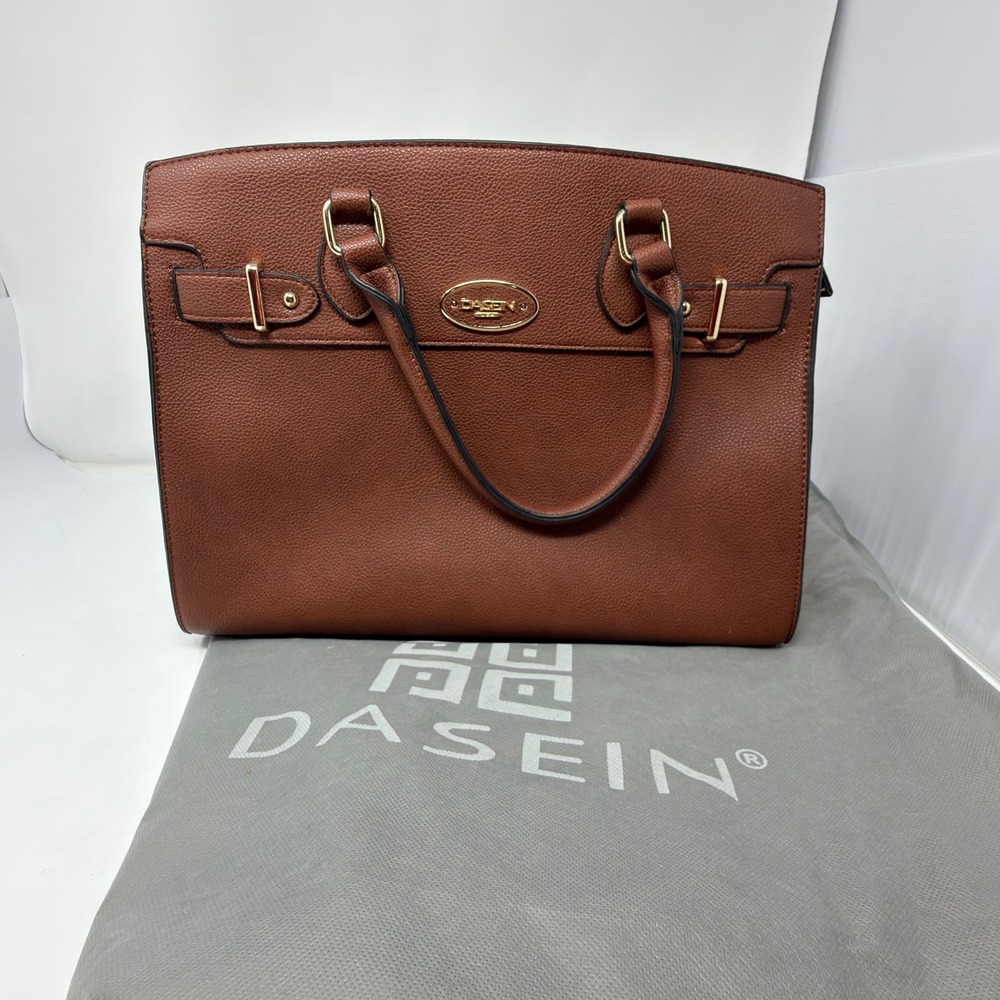 Dasein Satchel Womens Large Cognac Brown Pebbled Vegan Leather Gold Hardware